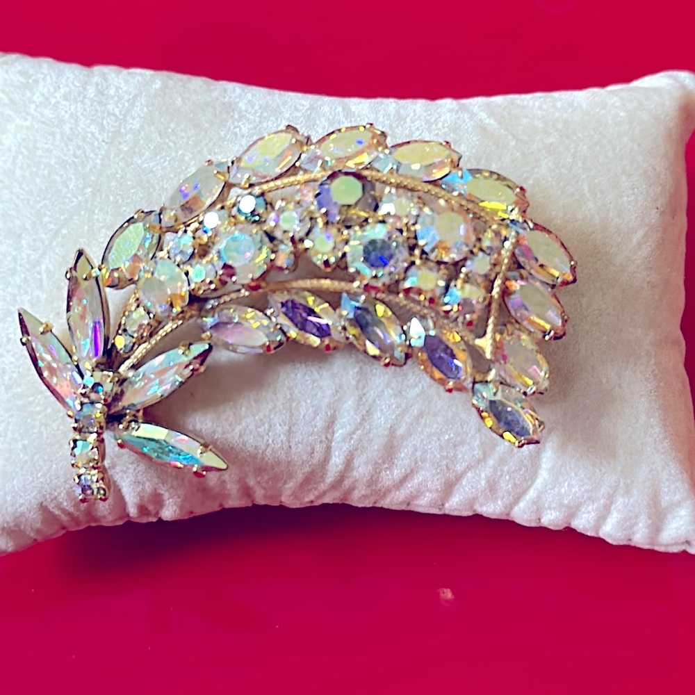 Aurora Borealis Rhinestone Leaf Floral Brooch